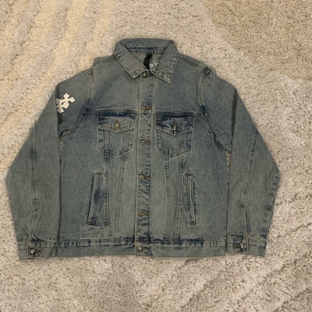 Chrome Hearts Blue Denim Jacket White Cross Patches Men’s Size Large